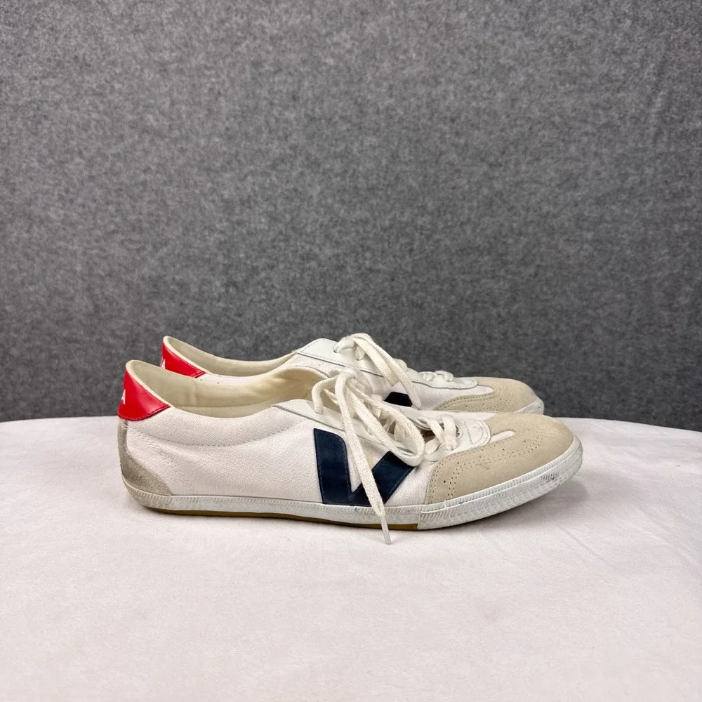 Veja Volley Sneakers Mens 12 White Canvas Navy Blue Logo Red Heel Low Top